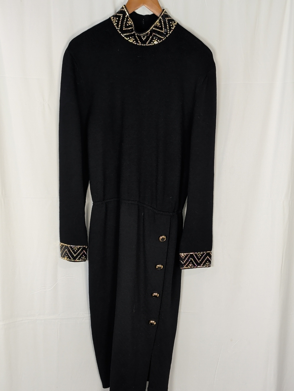 St. John Black Long Sleeve Knit Dress with Beaded Collar and Cuffs